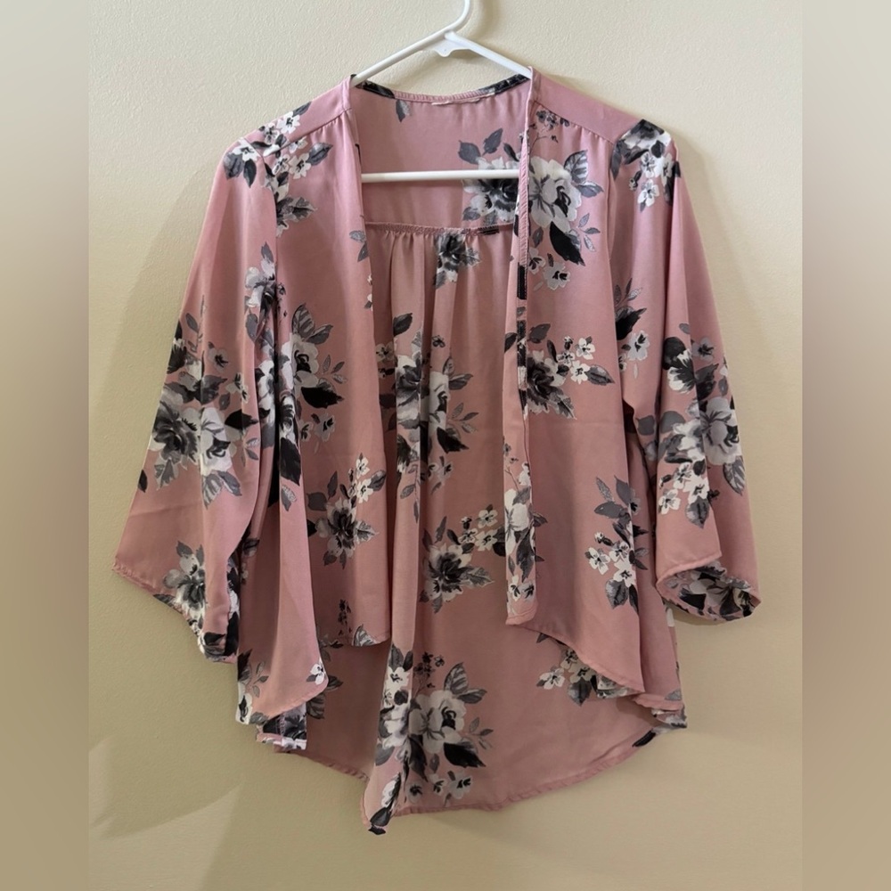Open Front Pink Floral Kimono Style Cover Up